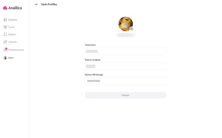 Layar Ubah Profilku: foto profil di tengah dengan alamat email di bawahnya, lalu kolom Username, Nama Lengkap, dan Nomor Whatsapp.