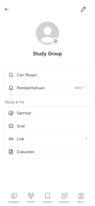 Pengaturan Study Group berisi Cari Pesan, Pemberitahuan, serta Media dan File dengan pilihan Gambar, Soal, Link, dan Dokumen.