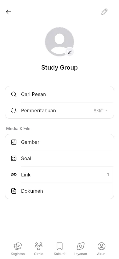 Pengaturan Study Group berisi Cari Pesan, Pemberitahuan, serta Media dan File dengan pilihan Gambar, Soal, Link, dan Dokumen.