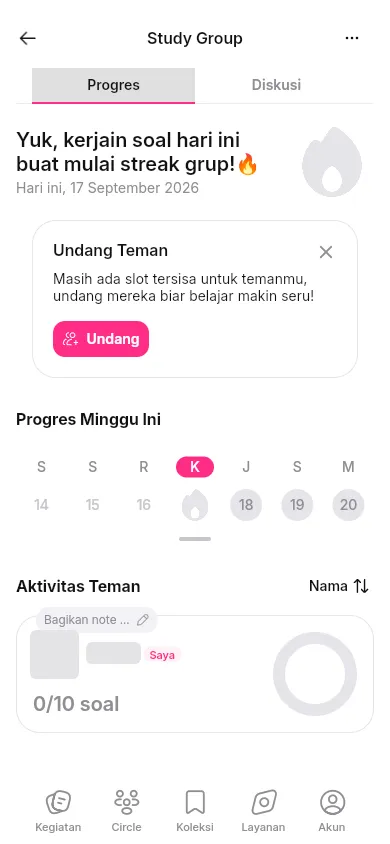 Tab Progres Study Group menampilkan kalender mingguan, Aktivitas Teman, dan perbandingan soal dengan target harian. Identitas akun disamarkan.