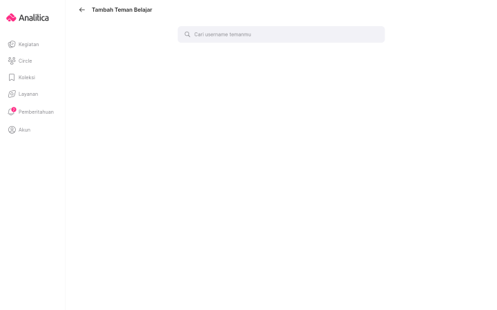Layar Tambah Teman Belajar yang masih kosong, hanya berisi kolom pencarian bertuliskan Cari username temanmu.