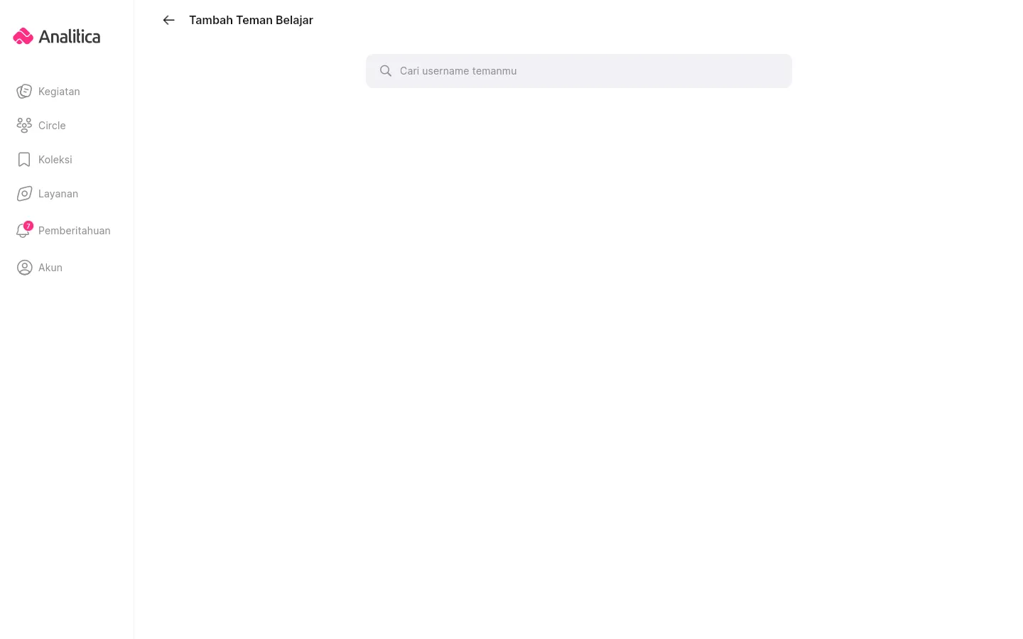 Layar Tambah Teman Belajar yang masih kosong, hanya berisi kolom pencarian bertuliskan Cari username temanmu.