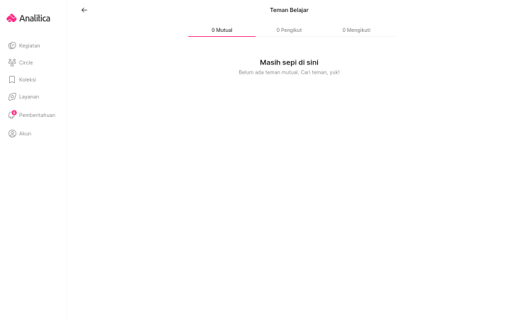 Halaman Teman Belajar dengan tab Mutual, Pengikut, dan Mengikuti dalam kondisi kosong bertuliskan Masih sepi di sini.