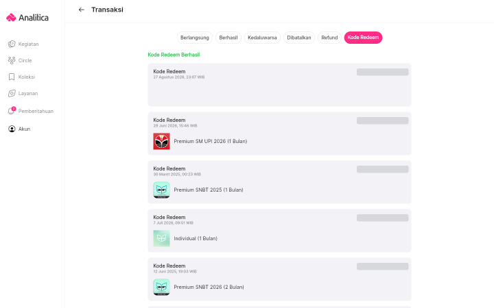 Halaman Transaksi pada tab Kode Redeem, memperlihatkan judul Kode Redeem Berhasil dan beberapa kartu berisi tanggal penukaran serta nama paket yang didapat.