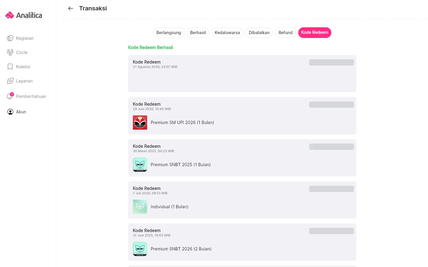 Halaman Transaksi pada tab Kode Redeem, memperlihatkan judul Kode Redeem Berhasil dan beberapa kartu berisi tanggal penukaran serta nama paket yang didapat.