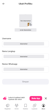 Halaman Ubah Profilku: ikon kamera di sudut foto, email di bawah foto, kolom Username, Nama Lengkap, Nomor Whatsapp, dan tombol Simpan. Data akun disamarkan.